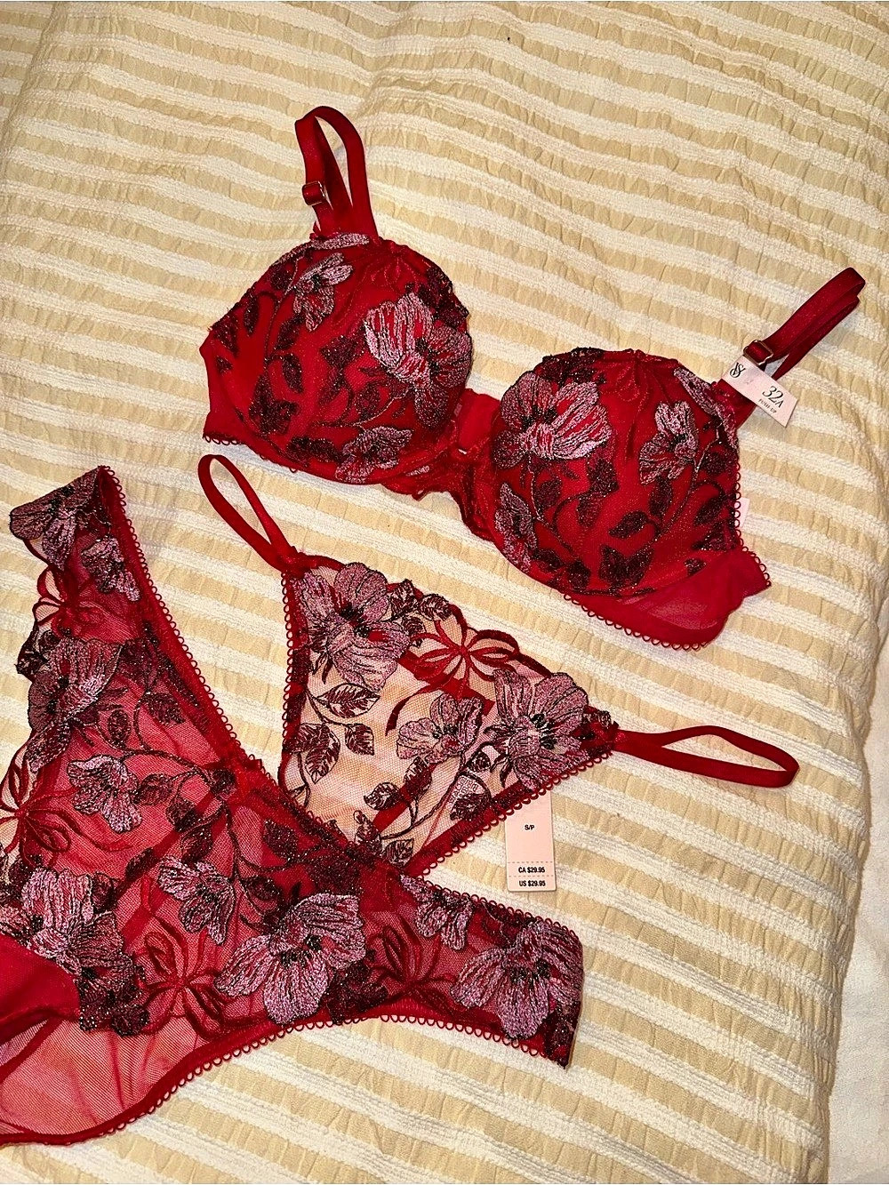 Victoria's Secret Red Dream Angels Embroidery Push-Up Bra and Panty Set - NWT